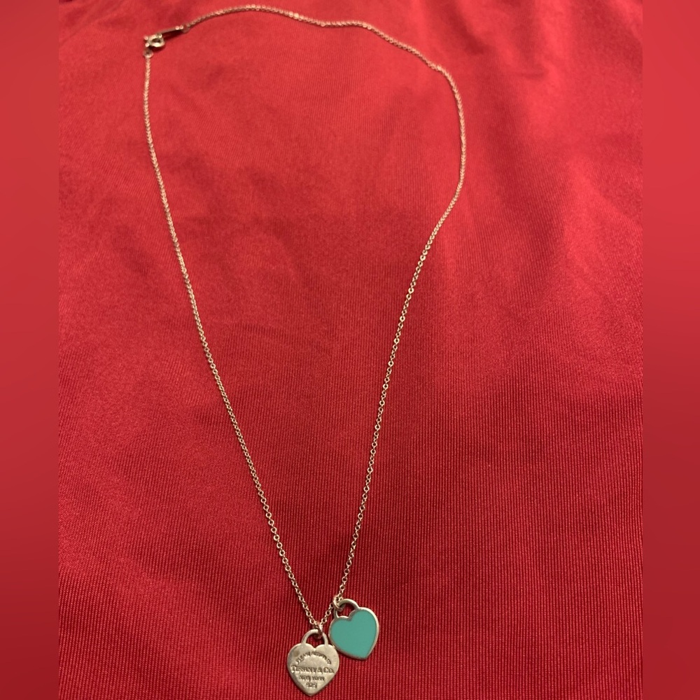 Tiffany & Co. Silver Chain with Blue-Green Heart and Silver Tag Necklace